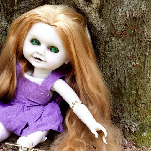 Prompt: blursed doll with long purple hair, green eyes, porcelain, photography, mattell, antique, 90s, haunted, sitting under a tree, gingerbread, Victorian, ball jointed, scythe, realistic, broken, gold filled cracks, mist