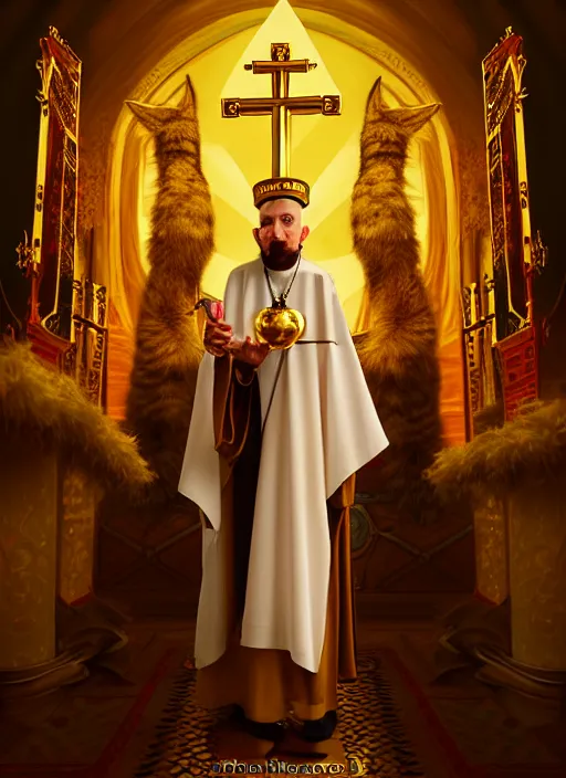 Image similar to cute fluffy anthropomorphic caracal as orthodox priest in golden clothes, caracal head, wearing vr, in orthodox church at background, dynamic lighting, darkness, atmospheric, surrealistic, ambients, dramatic, blurry bokeh cinematic, depth of field, art by bussiere rutkowski andreas rocha