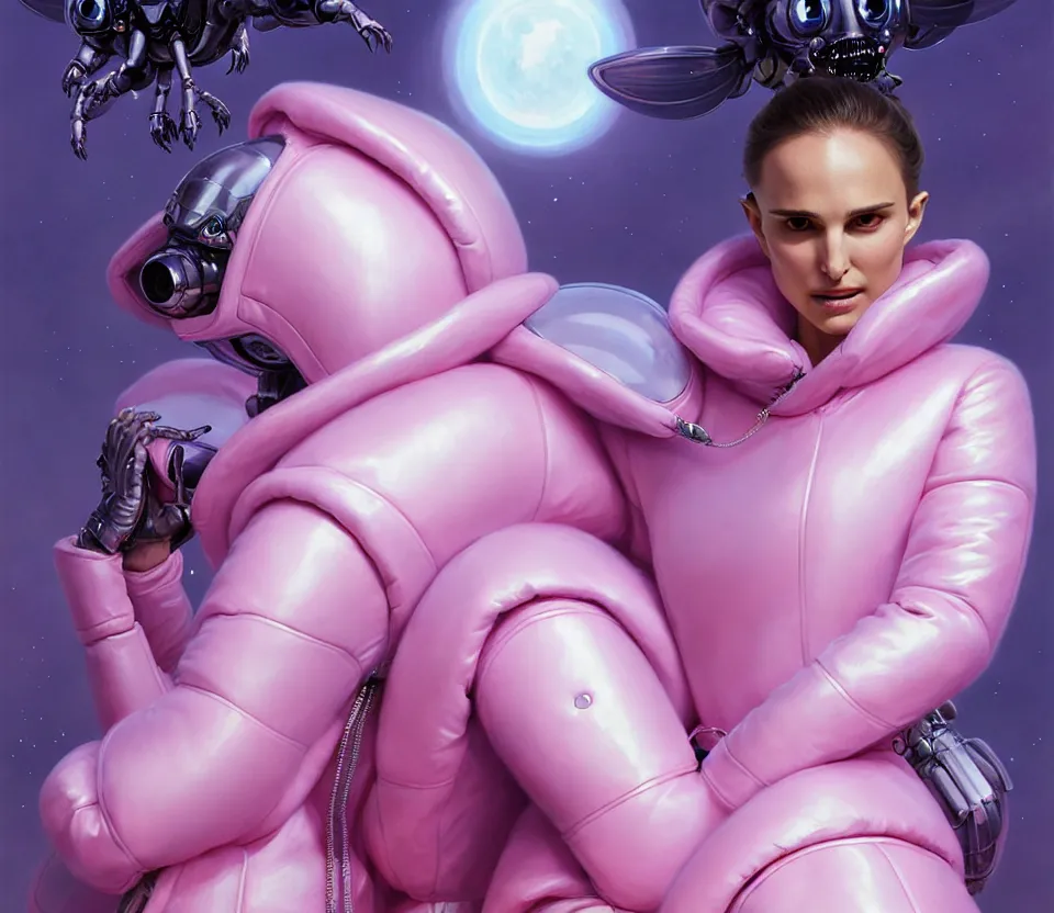 Prompt: beautiful fantasy character portrait, natalie portman, wearing pink puffy bomber jacket with white fur, seductive reclining pose, futuristic chrome drones, ultra realistic, dramatic lighting, robots, alien artifacts, highly detailed by peter mohrbacher, hajime sorayama, wayne barlowe, boris vallejo, aaron horkey, gaston bussiere, craig mullins