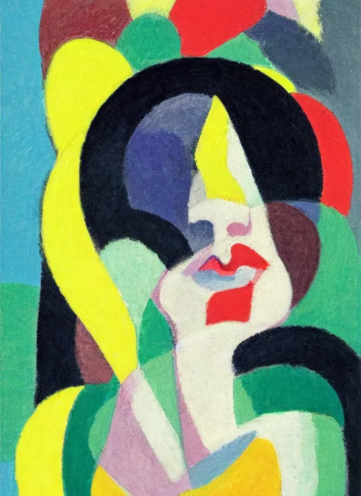 Image similar to an extreme close - up abstract portrait of a lady enshrouded in an impressionist representation of mother nature and the meaning of life by sonia delaunay and billy childish, abstract colorful lake garden at night, thick visible brush strokes, figure painting by anthony cudahy and rae klein, vintage postcard illustration, minimalist cover art by mitchell hooks