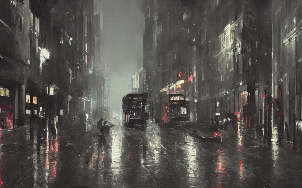 Image similar to concept art, wet london street at night by roger deakins, in the style of syd mead and liam wong