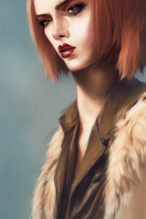Image similar to furry female, lioness, leather jacket, nymph, fashion photography, concept art, costume design, illustration, cinematic color grading, editorial photo, fashion, hyperrealism, trending on artstation, Charlie Bowater, WLOP, detailed, elegant