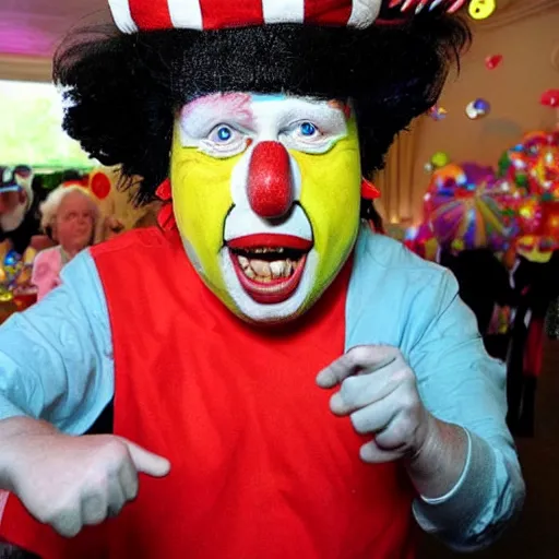 Image similar to boris johnson as a clown at a child's birthday party, clown, funny