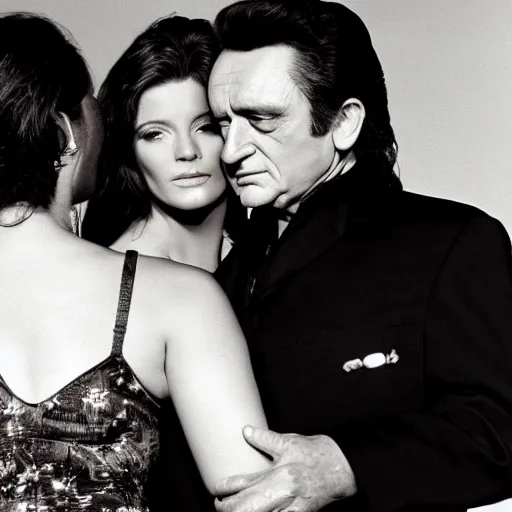 Prompt: Johnny Cash being hugged by playboy women, realistic, 8k resolution, hyperdetailed, highly detailed, real life, studio lighting, high quality, dramatic shot,