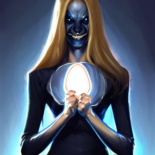 Image similar to girl in large black suit, long blonde hair, trident metal crown, dark grin, blue glowing eyes, dark scene, underlit, highly detailed, smooth concept art, airbrush, by artgerm greg rutkowski artstation