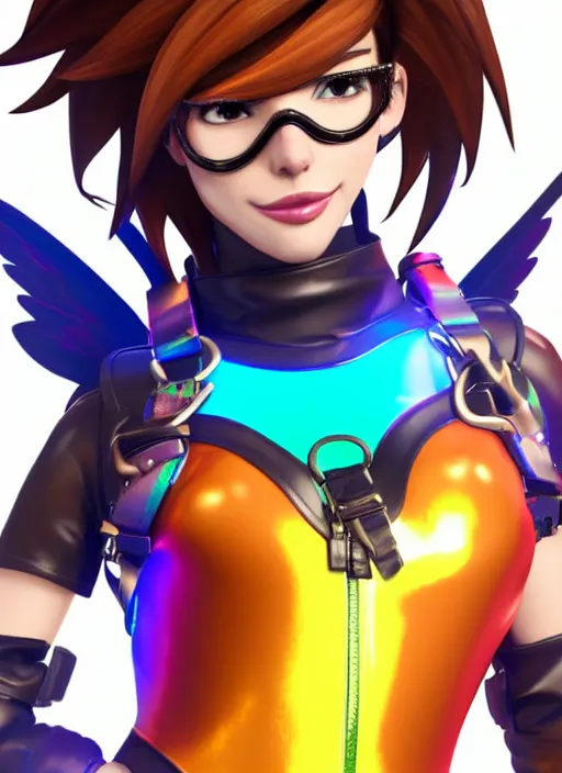 Image similar to portrait bust digital artwork of tracer overwatch, wearing iridescent rainbow latex and leather straps catsuit outfit, 4 k, expressive happy whistling face, makeup, in style of mark arian, angel wings, wearing detailed leather collar, chains, black leather harness, detailed face and eyes,