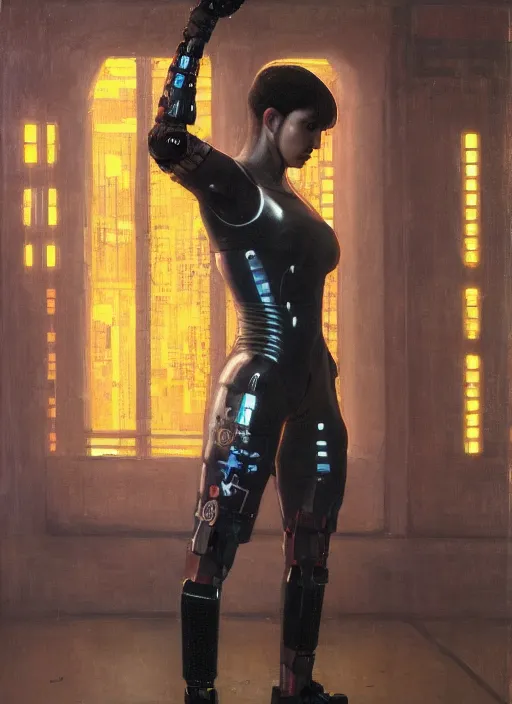 Prompt: buff cyberpunk olympic kickboxer with robotic legs wearing a jumpsuit ( blade runner 2 0 4 9, cyberpunk 2 0 7 7 ). orientalist portrait by john william waterhouse and james gurney and theodore ralli and nasreddine dinet, oil on canvas. cinematic, hyper realism, realistic proportions, dramatic lighting, high detail 4 k