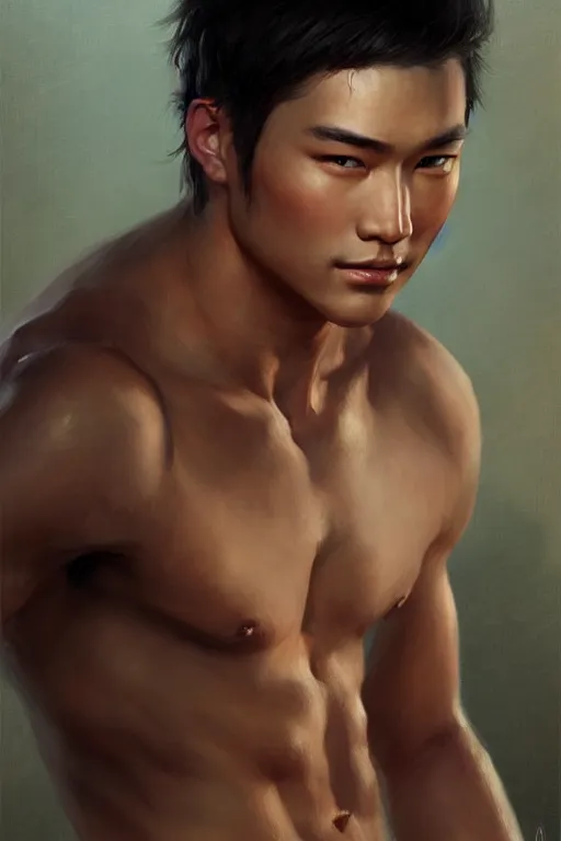 Image similar to young handsome asian male portrait dnd, muscle, painting by gaston bussiere, elena zhurikhina, goro fujita and charlie bowater