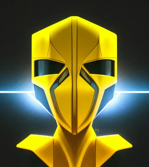 Image similar to symmetry!! yellow ranger, thunderbolt shaped viser!! solid cube of light, hard edges, product render retro - futuristic poster scifi, lasers and neon circuits, yellow ranger, intricate, elegant, highly detailed, digital painting, artstation, concept art, smooth, sharp focus, illustration, dreamlike, art by artgerm