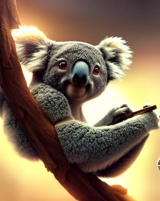 Image similar to movie still macro close photo of koala selling nft, by weta disney pixar greg rutkowski wlop ilya kuvshinov rossdraws artgerm octane render iridescent, bright morning, liosh, mucha