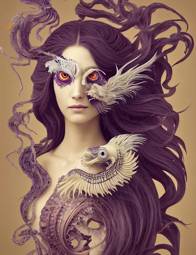 Image similar to 3 d goddess half - turn portrait with long hair with ram skull. beautiful intricately detailed japanese crow kitsune mask and clasical japanese kimono. betta fish, jellyfish phoenix, bio luminescent, plasma, ice, water, wind, creature, artwork by tooth wu and wlop and beeple and greg rutkowski