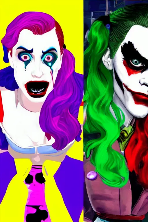 Image similar to joaquin phoenix as joker and lady gaga as harley quinn, remove duplicate content!!!!, violet polsangi pop art, gta chinatown wars art style, bioshock infinite art style, incrinate, realistic anatomy, hyperrealistic, green and purple color, white frame, content balance proportion