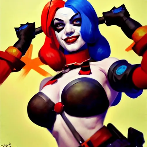 Image similar to Greg Manchess portrait painting of Harley Quinn as Overwatch character, medium shot, asymmetrical, profile picture, Organic Painting, sunny day, Matte Painting, bold shapes, hard edges, street art, trending on artstation, by Huang Guangjian and Gil Elvgren and Sachin Teng