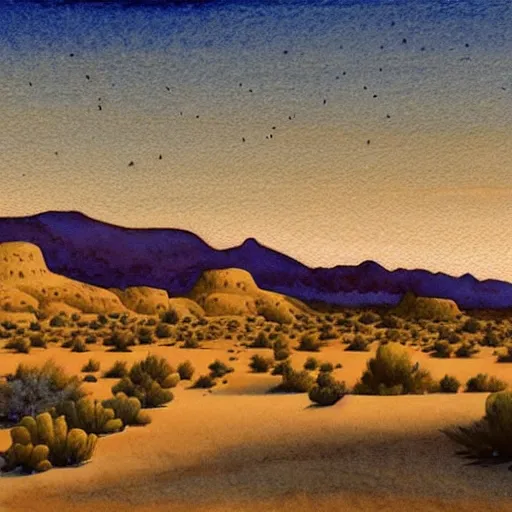 Image similar to desert landscape painting at twilight, watercolor, pen and ink, intricate lines, elegant, extreme detail, smooth, sharp focus, art by greg rutowski and vermeer and edward church