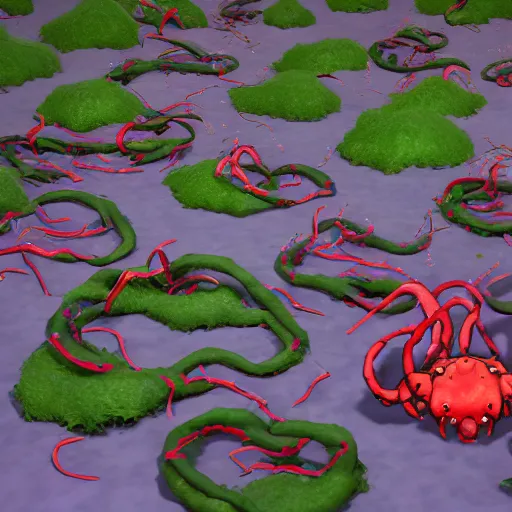 Image similar to voidless of the festival!, The Graveyard, blood moon tentacles!!, large group of crabs and worms, crawling along a bed of moss, low poly, creeper world, handcrafted, artstation, hyperrealistic, hard light, best practices, creeptastic, photorealism, macro perspective, cuddly