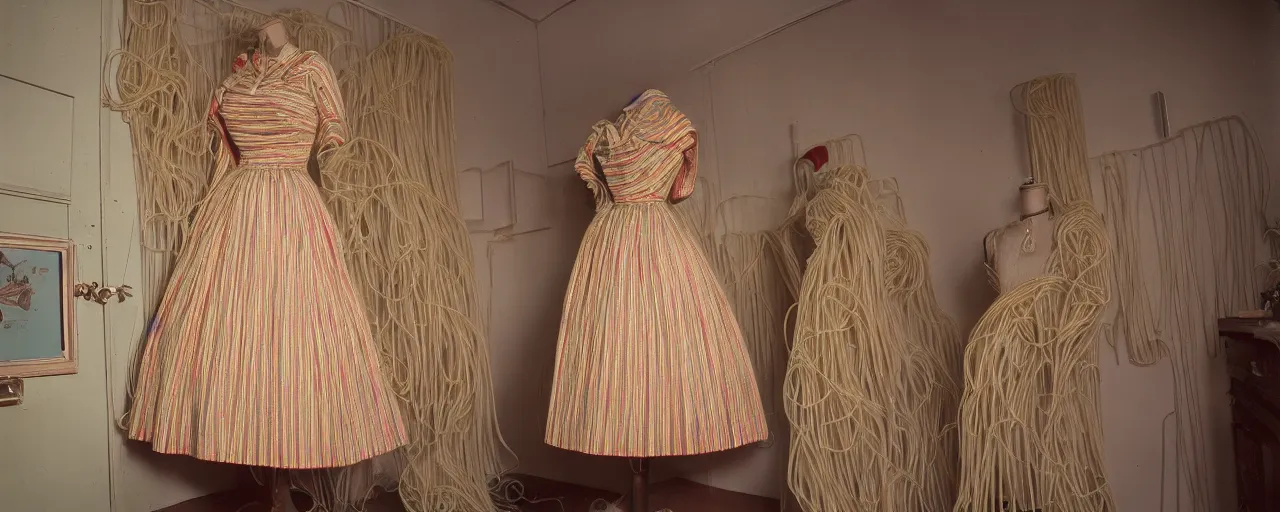 Prompt: a 1 9 5 0 s christian dior dress made of spaghetti, canon 2 0 mm, kodachrome, in the style of wes anderson, retro