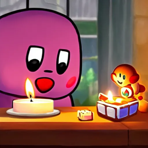 Prompt: kirby eating dinner with companion cube from the game portal, romantic, candlelight