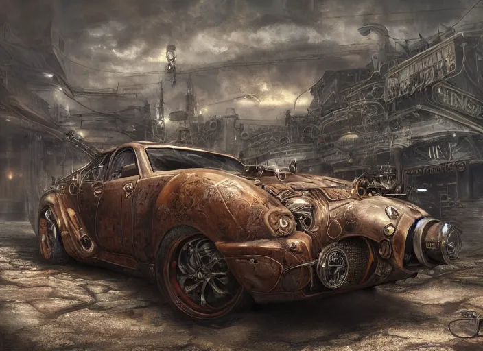 Image similar to detailed concept art illustration oil painting of a steampunk muscle car in full intricate detail, ultra detailed, digital art, octane render, 4K, dystopian, micro details