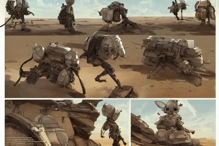 Image similar to rodent with white and black ancestral ornate japanese tactical gear on an abandonment desert planet, long shot, rule of thirds, golden ratio, graphic novel by fiona staples and dustin nguyen, by beaststars and orange, peter elson, alan bean, studio ghibli, makoto shinkai