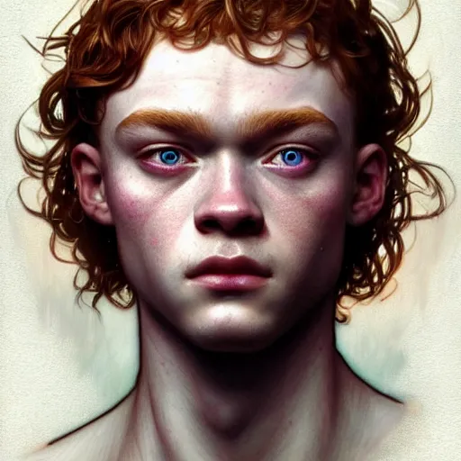 Image similar to sadie sink portrait of forest gog, male, clear face, masculine, upper body, muscular, fantasy, intricate, elegant, highly detailed, digital painting, artstation, concept art, matte, sharp focus, illustration, art by artgerm and greg rutkowski and alphonse mucha