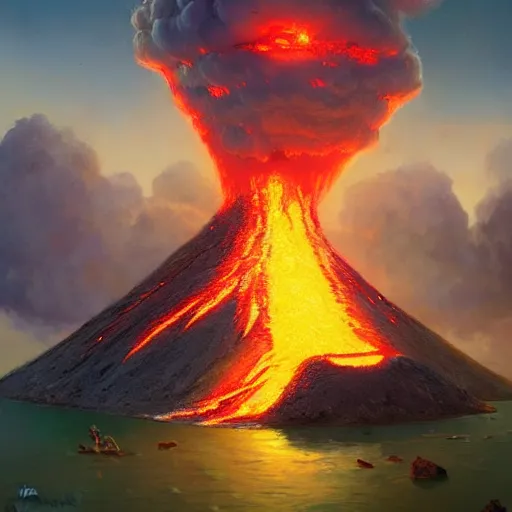 Image similar to a volcano erupting marshmallows on an island, highly detailed, concept art, art by wlop and artgerm and greg rutkowski, masterpiece, trending on artstation, 8 k