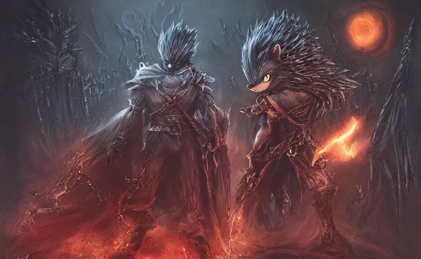 Image similar to sonic the hedgehog in bloodborne and elden ring, dark fantasy, moody