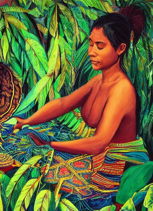 Prompt: a beautiful painting of an indigenous female doing crafting of a beautiful fabric in the jungle, realistic, ayahuasca