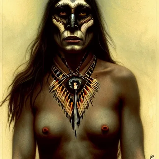 Image similar to native american skinwalker, horror, heroic lighting, dark fantasy, intricate, elegant, highly detailed, lifelike, photorealistic, digital painting, artstation, illustration, concept art, smooth, sharp focus, art by John Collier and Albert Aublet and Krenz Cushart and Artem Demura and Alphonse Mucha