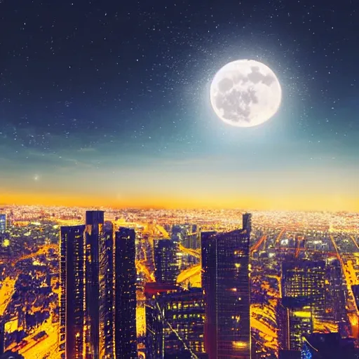 Image similar to nighttime falling over the skyline of a modern city. full moon. highly detailed, dynamic lighting, hyper realistic, as seen from a birds perspective