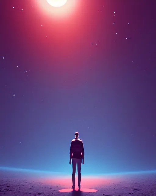 Image similar to a person standing in front of a glowy open door that's on a barren moon, poster art by mike winkelmann, trending on cg society, space art, sci - fi, ue 5, futuristic, volumetric lighting, light casting onto the ground, neat composition and camera angle