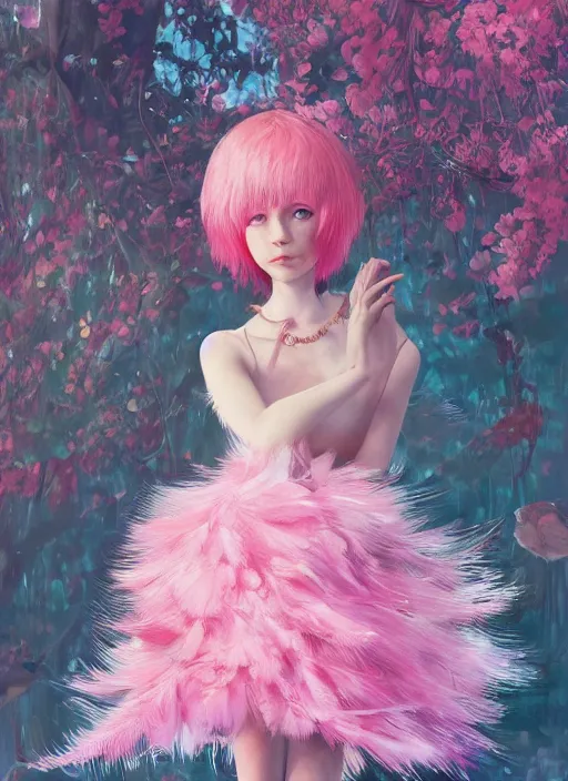 Image similar to beautiful little girl with an pink eccentric haircut wearing an dress made of feathers dancing on stage, artwork made by ilya kuvshinov, inspired in donato giancola, hd, ultra realistic, reflection, flowers, light, realistic face, bird, trending on pixiv, 8 k