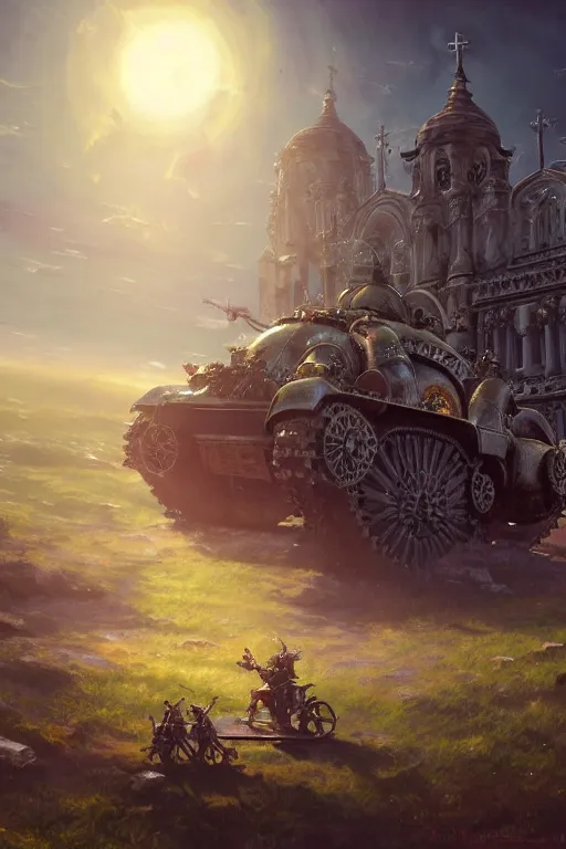 Image similar to a mobile driving ornate cathedral church mounted on a tank with chain drive, warhammer 4 0, scene in an open field. key visual, conceptart, ambient lighting, highly detailed, digital painting, artstation, concept art, sharp focus, by makoto shinkai and akihiko yoshida and kris kuksi