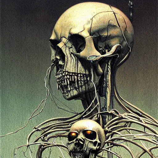 Image similar to horrific cyborg, horror movie lighting, exposed skull and wires, beksinski art style,