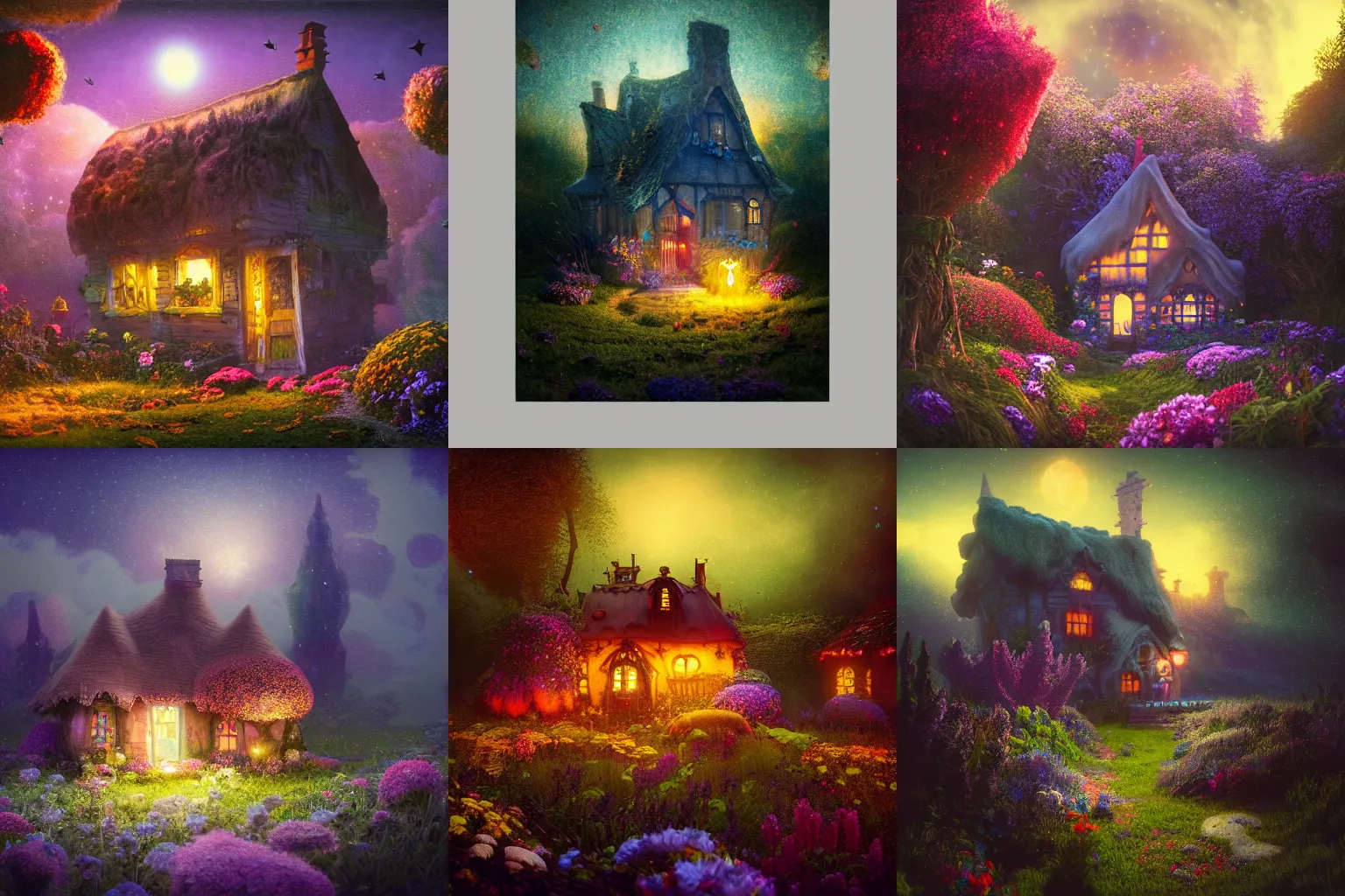 Prompt: nightmare fuel floating in space inside magic colorful glowing fog, starry sky, tranquil, desolate, atmospheric, hazy, autochrome, 8k, octane render, unreal engine 5. a whimsical cottage in a flower garden by Justin Gerard, evening light