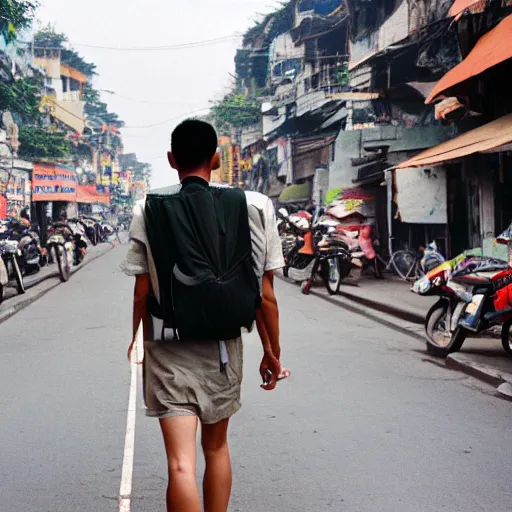 Image similar to 20 year old male American tourist wearing a backpack walking through hanoi as a Vietnamese propaganda poster. 8k resolution.