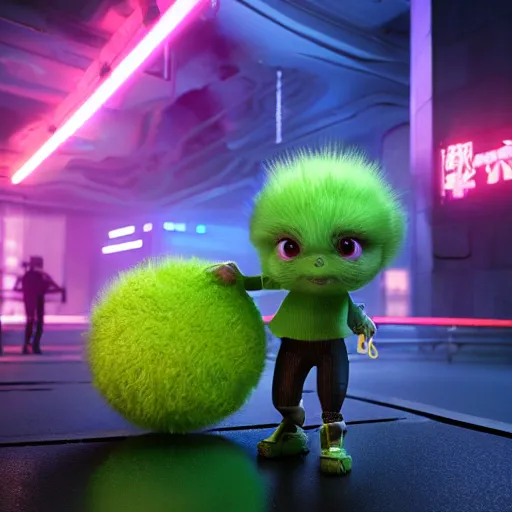 Image similar to high quality 3 d render cyberpunk very tennis ball monster highly detailed, unreal engine cinematic smooth, in the style of blade runner & detective pikachu, hannah yata charlie immer, purple light, low angle, uhd 8 k, sharp focus