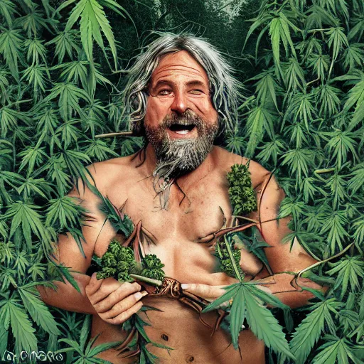 Prompt: intoxicated lazy shirtless middle - aged hippie wearing twigs and leaves and bone jewlery smiling sheepishly in a field of cannabis plants, highly detailed, dramatic lighting, night time, cinematic, fantasy art, hyperrealistic, detailed
