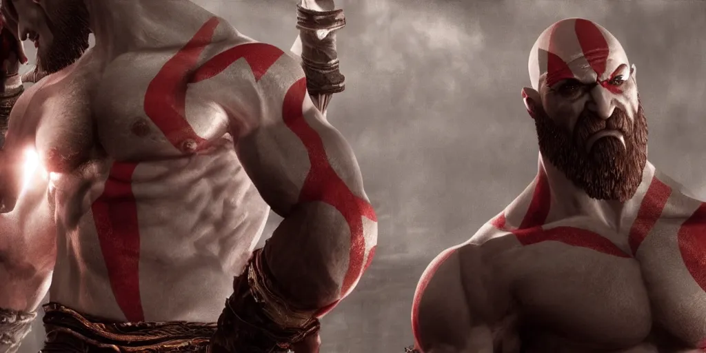 Image similar to kratos the god of war looking in the mirror, cinematic composition and lighting