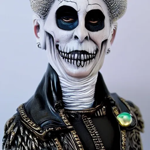 Prompt: very photorealistic photo of a very detailed resin statue of papa emeritus from ghost on a white background, award - winning details