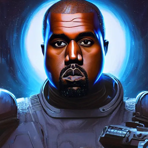 Image similar to Kanye West as a space soldier, Sci-Fi closeup character art by Neil Roberts and Marc Lee and Vladimir Krisetskiy and Donato Giancola and Craig Mullins, digital art, trending on artstation