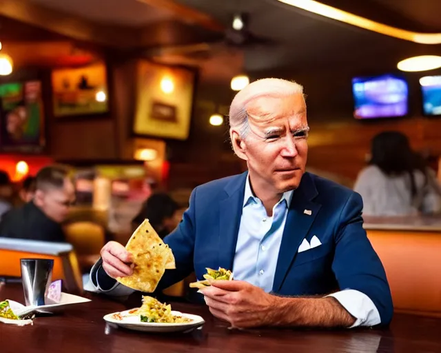 Prompt: a photo of joe biden eating asian wonton tacos at the applebee's, detailed face, ambient lighting, clear photography, 4 k ultra