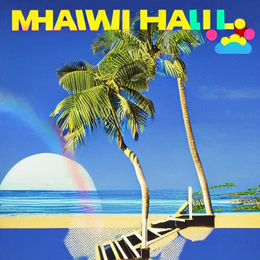 Image similar to miracle musical Hawaii part ii album cover, showing an ocean in the background, spiral transparent stairs on the left with tall palm trees behind it, a slight rainbow in the background, white outline border, moon in the right top area black and white except for the rainbow album cover rainbow text in the center reading Hawaii part ii, 80s Japanese