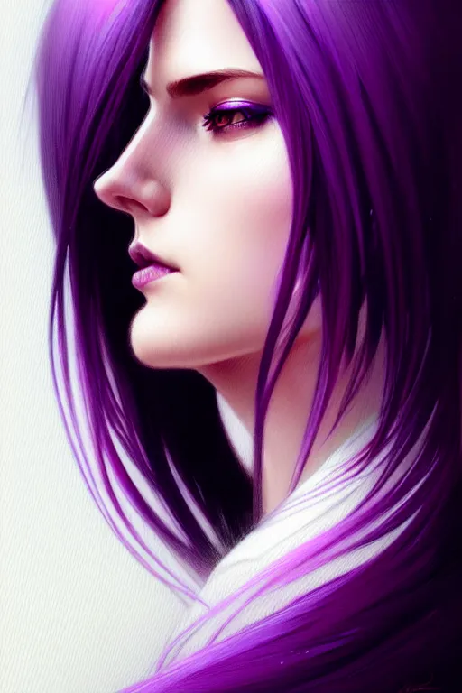 Image similar to Purple hair, creative colouring Portrait of woman face profile, fashion, colored strands of hair, intricate, elegant, highly detailed, digital painting, artstation, concept art, smooth, sharp focus, illustration, art by artgerm and greg rutkowski and alphonse mucha