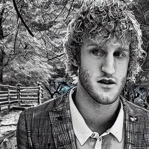 Prompt: etching of logan paul in a japanese forest