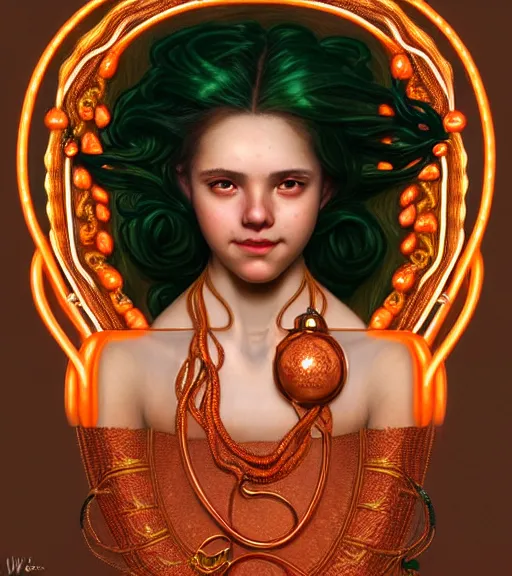 Prompt: portrait of teenage medusa, snake hair, naughty smile, wearing an embroidered orange tunic, intricate, elegant, copper and emerald jewelry, glowing lights, highly detailed, digital painting, artstation, concept art, smooth, sharp focus, seductive, illustration, art by wlop, mucha, artgerm, and greg rutkowski
