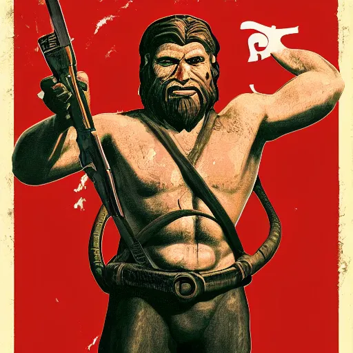 Image similar to saint homo neanderthalis, portrait, propaganda poster, with book of science on his right hand, and riffle, pop art, gta chinatown wars art style, bioshock infinite art style, hyperrealistic, two colors, white frame border, 4 k, uhd, remove duplicate content, align left content.