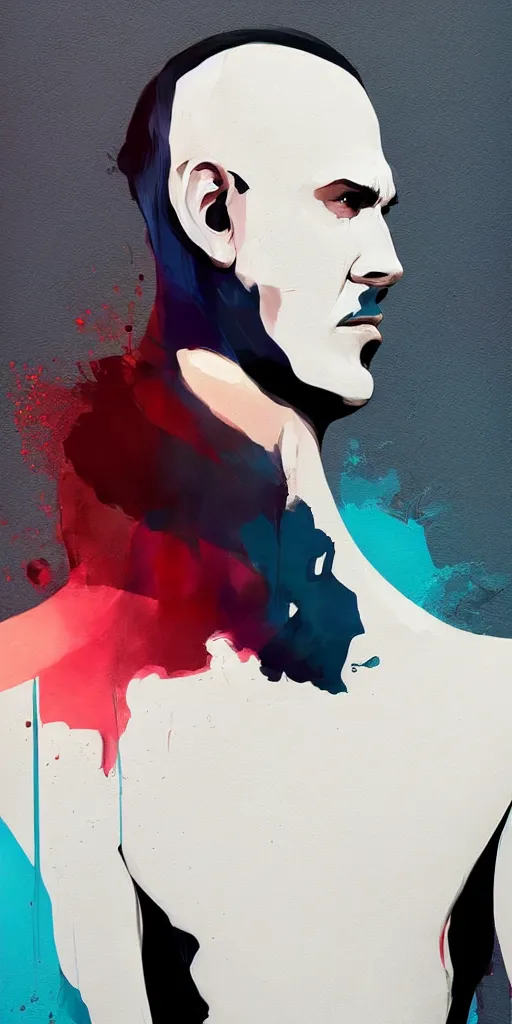 Image similar to abstract flowing brush strokes of the torso of one thin athletic man posing dramatically with no face, closeup, matte paint colors, conrad roset, dark abstract background, painting trending on artstation