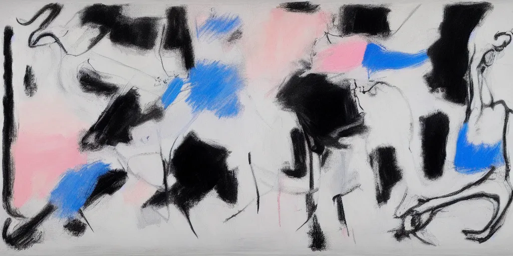 Prompt: large black white painting by de kooning on white canvas, soft blue and pink tints, thin black lines, detailed by martha jungwirth drawing sketch pencil on paper, painted by yves tanguy, oil on canvas, mark rothko painting, thick impasto, broad campitures