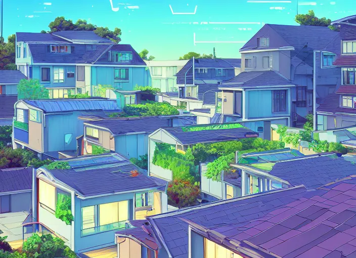 Prompt: digital illustration of idyllic suburban neighborhood with rooftop gardens and sustainable energy initiatives + single family homes : : modern architecture by makoto shinkai, ilya kuvshinov, lois van baarle, rossdraws, basquiat | afrofuturism, in the style of hearthstone, trending on artstation | cool color scheme