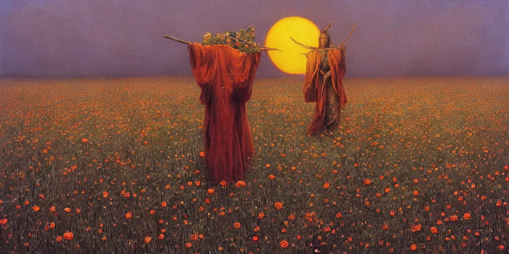 Prompt: a witch with a pumpkin head nailed to a giant cross at sunset casting shadows across a field of flowers, beksinski, dariusz zawadzki